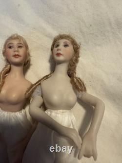 TWO 5.5 Cathy Hansen Artist Bisque Cloth Miniature Dollhouse Lady Doll Vintage