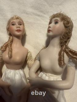 TWO 5.5 Cathy Hansen Artist Bisque Cloth Miniature Dollhouse Lady Doll Vintage
