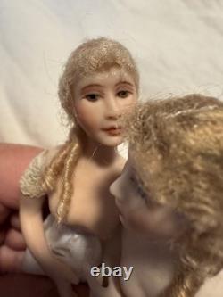 TWO 5.5 Cathy Hansen Artist Bisque Cloth Miniature Dollhouse Lady Doll Vintage