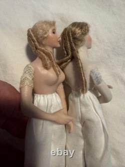 TWO 5.5 Cathy Hansen Artist Bisque Cloth Miniature Dollhouse Lady Doll Vintage