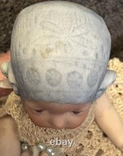 Thu Tam Artist Doll Repro German Blue Bisque Bonnet Head 5 3/4 in Crochet Outfit