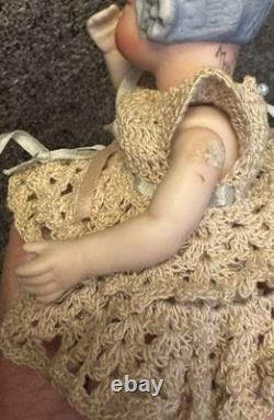 Thu Tam Artist Doll Repro German Blue Bisque Bonnet Head 5 3/4 in Crochet Outfit