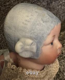 Thu Tam Artist Doll Repro German Blue Bisque Bonnet Head 5 3/4 in Crochet Outfit