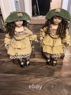 Two House Of Lloyd 18 Porcelain Doll Blue Eyes & Brown Hair With Chair Vintage