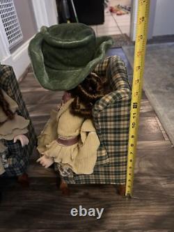 Two House Of Lloyd 18 Porcelain Doll Blue Eyes & Brown Hair With Chair Vintage