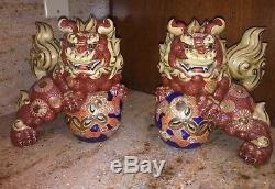 Two MARKED Vintage Japanese Mori Kutani Porcelain Dragon Lion Dogs-Made in Japan