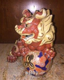 Two MARKED Vintage Japanese Mori Kutani Porcelain Dragon Lion Dogs-Made in Japan