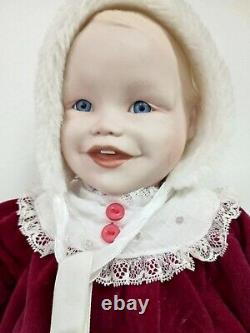 ULTRA RARE VINTAGE PORCELAIN BABY GIRL DOLL With 3 STAMPS LUXURIOUS RED DRESS 1987