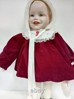 ULTRA RARE VINTAGE PORCELAIN BABY GIRL DOLL With 3 STAMPS LUXURIOUS RED DRESS 1987