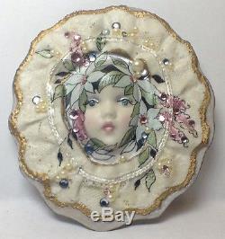 Unique Vintage Baby Doll Face Pin Brooch Porcelain Head Great Cz Stones Large