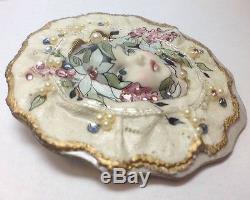 Unique Vintage Baby Doll Face Pin Brooch Porcelain Head Great Cz Stones Large