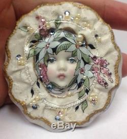 Unique Vintage Baby Doll Face Pin Brooch Porcelain Head Great Cz Stones Large