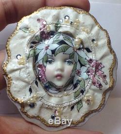 Unique Vintage Baby Doll Face Pin Brooch Porcelain Head Great Cz Stones Large