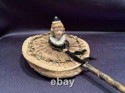 Unusual Antique C1920 Pierrette Porcelain Half Doll Patter Powder Puff on Stick