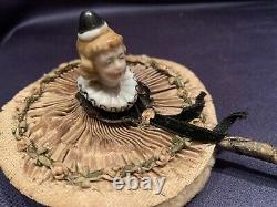 Unusual Antique C1920 Pierrette Porcelain Half Doll Patter Powder Puff on Stick