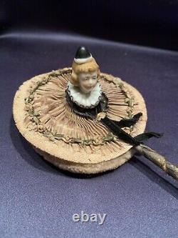 Unusual Antique C1920 Pierrette Porcelain Half Doll Patter Powder Puff on Stick