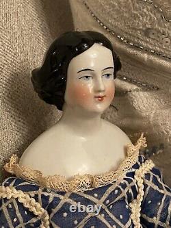 Unusual Pretty 13.5 Antique Jenny Lind China Doll With Wooden Body Antique Dress