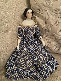 Unusual Pretty 13.5 Antique Jenny Lind China Doll With Wooden Body Antique Dress