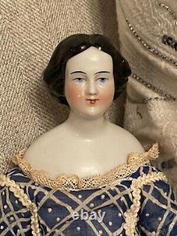 Unusual Pretty 13.5 Antique Jenny Lind China Doll With Wooden Body Antique Dress