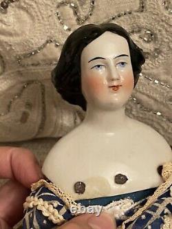 Unusual Pretty 13.5 Antique Jenny Lind China Doll With Wooden Body Antique Dress
