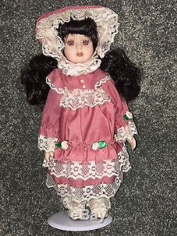 VICTORIAN PORCELAIN DOLL 11 Pink Dress With Roses & Lace BRUNETTE Bonnet VINTAGE