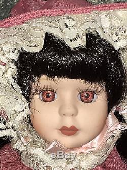 VICTORIAN PORCELAIN DOLL 11 Pink Dress With Roses & Lace BRUNETTE Bonnet VINTAGE