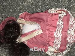 VICTORIAN PORCELAIN DOLL 11 Pink Dress With Roses & Lace BRUNETTE Bonnet VINTAGE