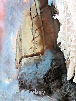 VINTAGE 24 native American TEEPEE Britch bark WOOD fur & 16 porcelain DOLL