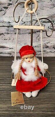 VINTAGE Christmas Girl Porcelain Face Doll Blonde Braids On Hanging Wooden Swing
