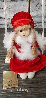 VINTAGE Christmas Girl Porcelain Face Doll Blonde Braids On Hanging Wooden Swing