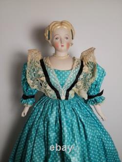 VINTAGE Circa 40s Bisque Parian Doll Signed EMMA CLEAR Blue Dress Decorated Hair