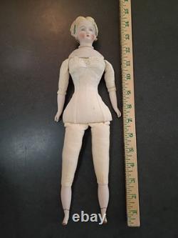 VINTAGE Circa 40s Bisque Parian Doll Signed EMMA CLEAR Blue Dress Decorated Hair