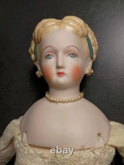 VINTAGE Circa 40s Bisque Parian Doll Signed EMMA CLEAR Blue Dress Decorated Hair