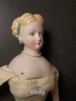 VINTAGE Circa 40s Bisque Parian Doll Signed EMMA CLEAR Blue Dress Decorated Hair