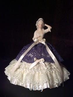 VINTAGE GERMAN PORCELAIN HALF DOLL with ORIGINAL WOOD BASE, Removable Skirts