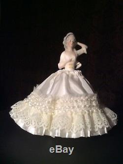 VINTAGE GERMAN PORCELAIN HALF DOLL with ORIGINAL WOOD BASE, Removable Skirts