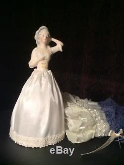 VINTAGE GERMAN PORCELAIN HALF DOLL with ORIGINAL WOOD BASE, Removable Skirts