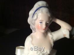 VINTAGE GERMAN PORCELAIN HALF DOLL with ORIGINAL WOOD BASE, Removable Skirts