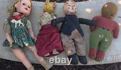 VINTAGE Porcelain/ Fabric /metal set of dolls, rabbit head, girl, boy, black