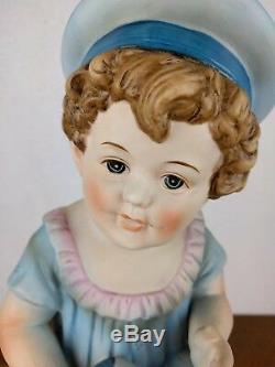 VTG Hand Painted Piano Baby Figure Boy Bisque Porcelain Hat Ball Doll Baby Blue