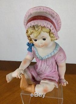 VTG Hand Painted Piano Baby Figure Girl Bisque Porcelain Hat Sock Doll Baby Pink