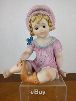 VTG Hand Painted Piano Baby Figure Girl Bisque Porcelain Hat Sock Doll Baby Pink