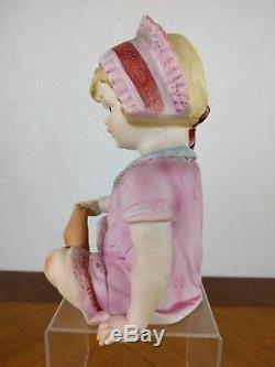 VTG Hand Painted Piano Baby Figure Girl Bisque Porcelain Hat Sock Doll Baby Pink