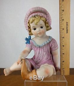 VTG Hand Painted Piano Baby Figure Girl Bisque Porcelain Hat Sock Doll Baby Pink