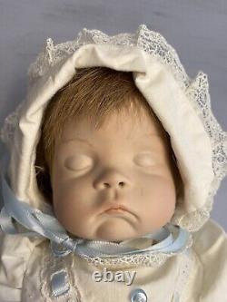 VTG Porcelain iNFANT BOY DOLL in White Christening Dress Blue Trim SLEEPING Face