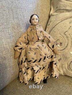 Very Rare 7.5 Early Ca 1850 China Doll With Covered Wagon Hairstyle Orig Dress