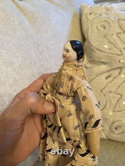 Very Rare 7.5 Early Ca 1850 China Doll With Covered Wagon Hairstyle Orig Dress