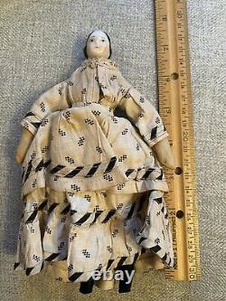 Very Rare 7.5 Early Ca 1850 China Doll With Covered Wagon Hairstyle Orig Dress