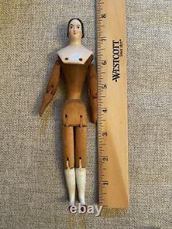 Very Rare 7.75 1840s Pink Tint China Doll On Articulated Wooden Body Early Bun