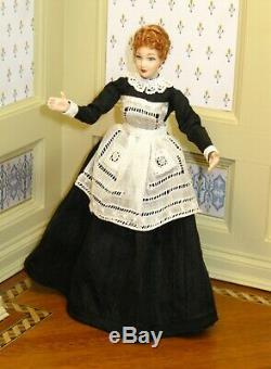 Victorian Lady Doll in Black with Vintage Lace Apron Artisan Dollhouse Miniature